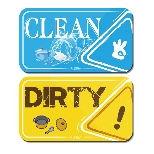 RUNSY Dishwasher Magnet Clean Dirty Sign Universal Kitchen Dish Washer Reversible Indicator Upgraded Super Strong Magnet Double Sided Flip with Bonus Magnetic Metal Plate (Sky Blue / Lemon Yellow)